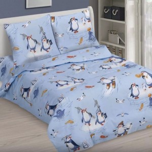Детское постельное белье Комфорт-Текстиль - Пингвинята-Рыболовы бязь полуторное на резинке