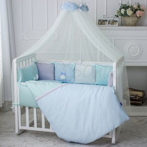 Постільна білизна в ліжечко Маленька Соня - Зайчики блакитна (7 предметів)